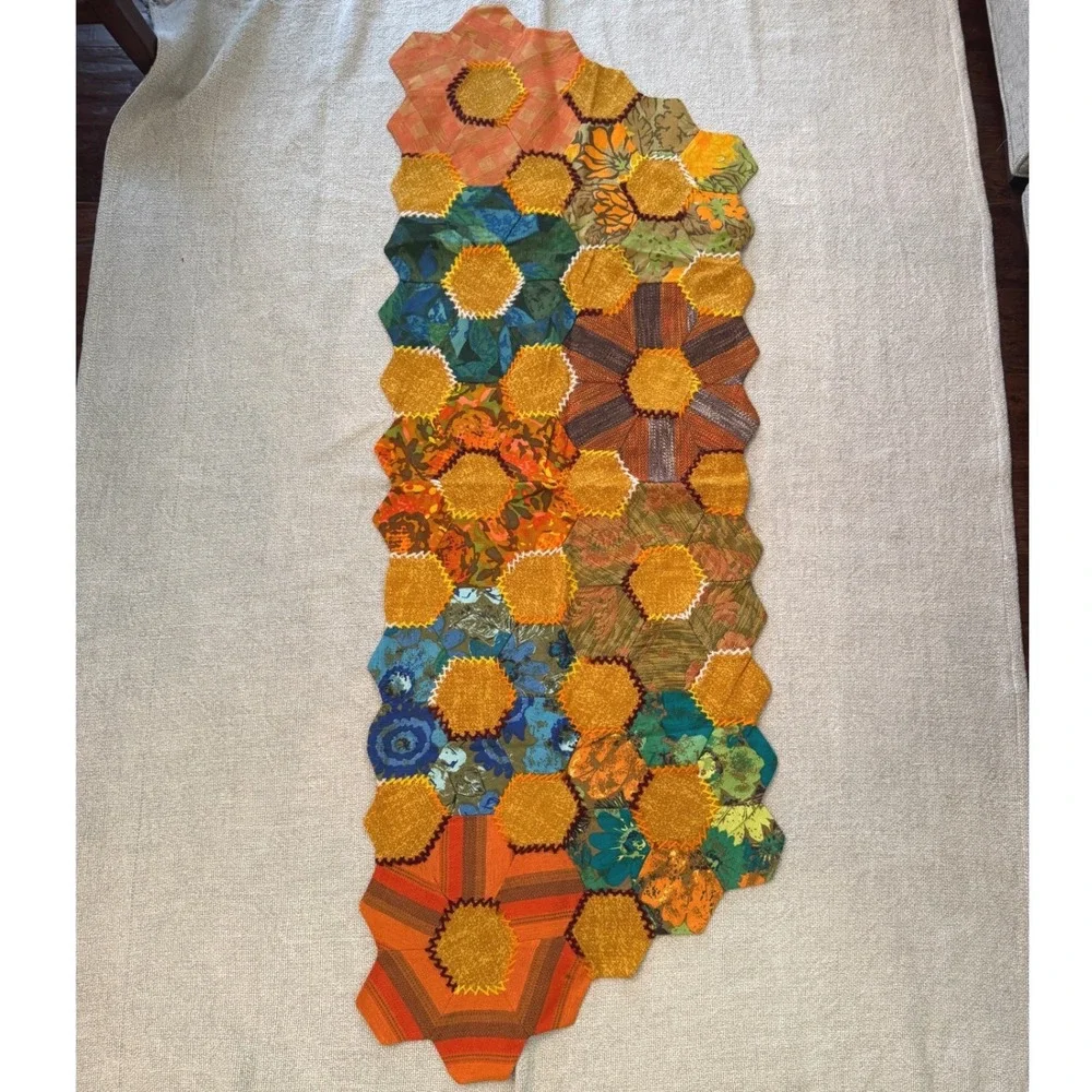 Vintage Handmade Patchwork Hexagon Table Runner Boho Cottagecore. 70s-80s